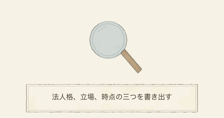 法人格、立場、時点の三つを書き出す