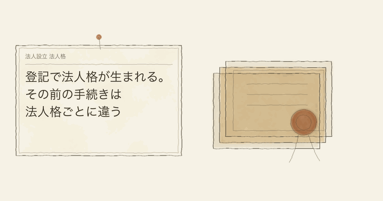 登記で法人格が生まれる。その前の手続きは法人格ごとに違う