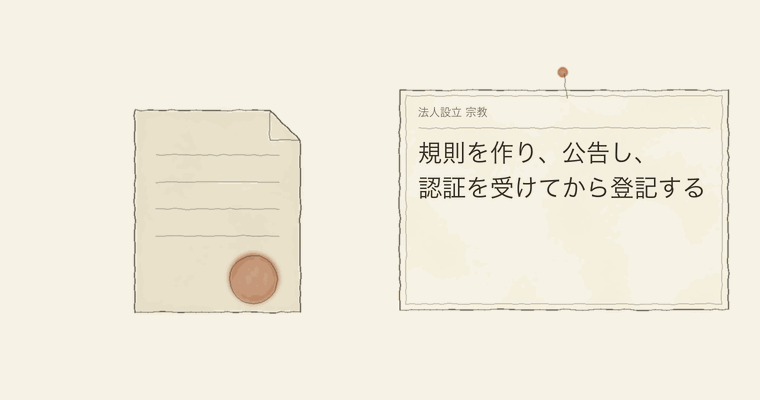 規則を作り、公告し、認証を受けてから登記する