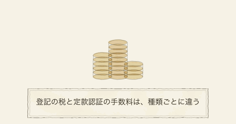 登記の税と定款認証の手数料は、種類ごとに違う
