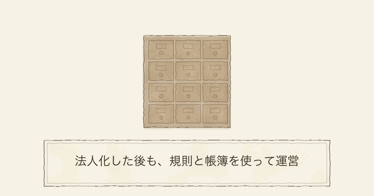法人化した後も、規則と帳簿を使って運営